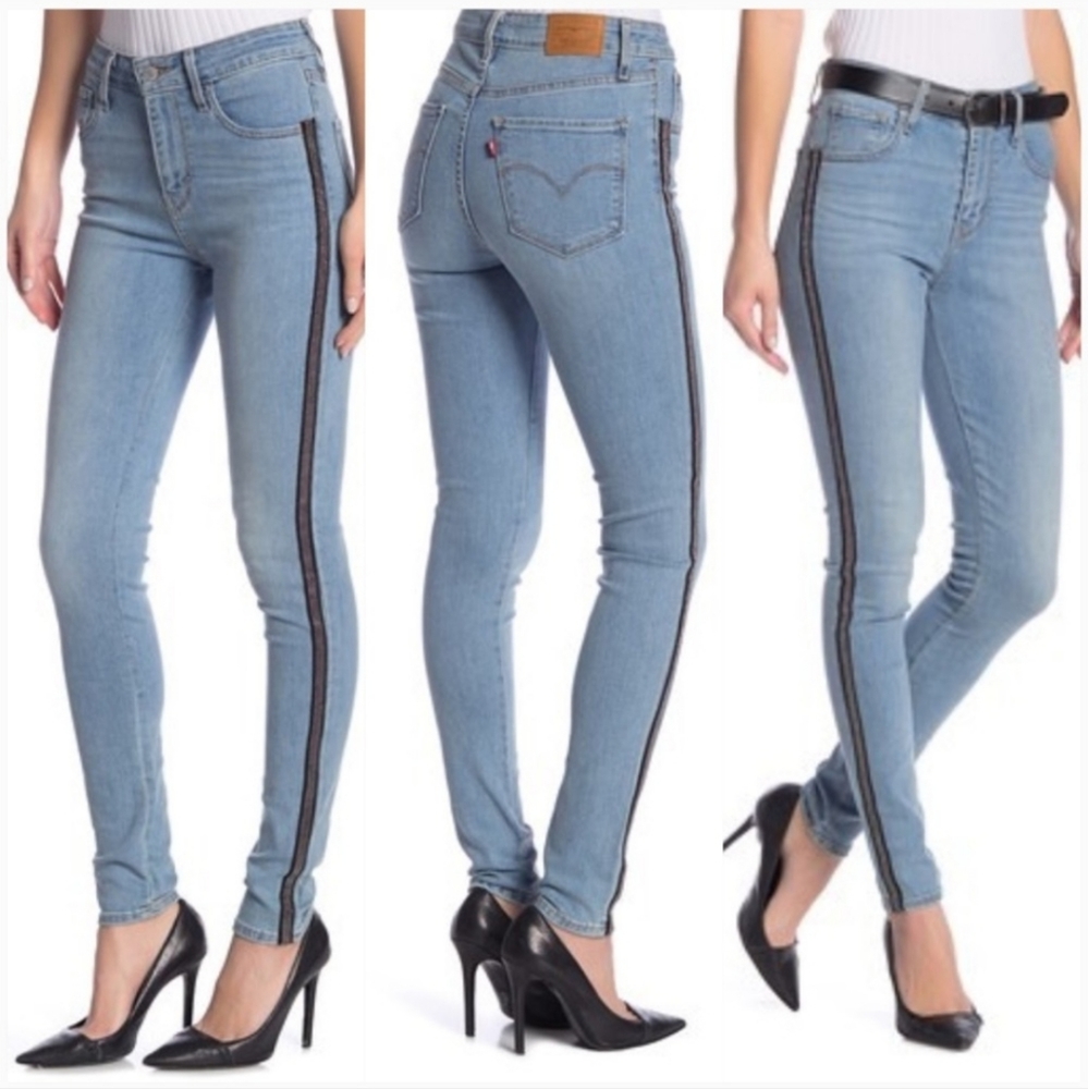 Levi’s Premium 721 High Rise Skinny Jeans Sz 29 Beaded Side Stripe sculpt denim